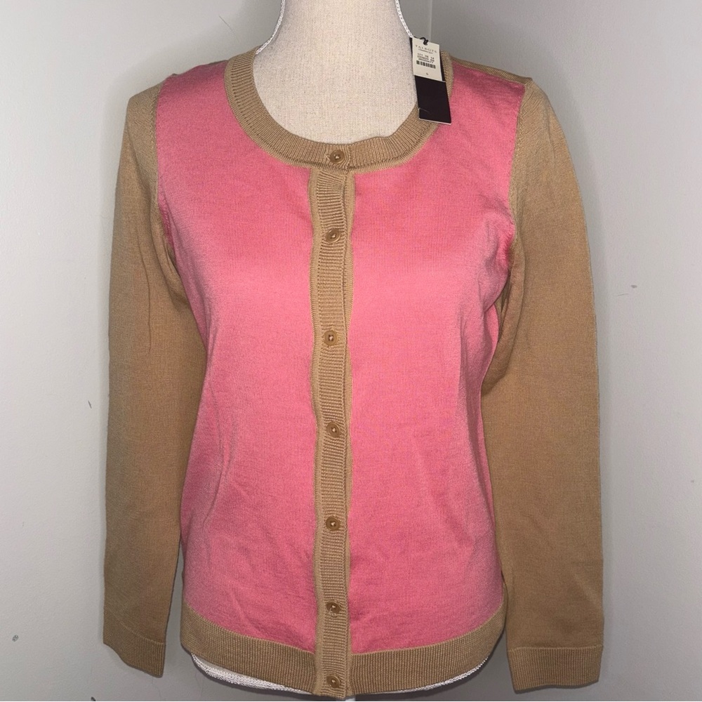 Talbots NEW merino wool lightweight coral pink & tan cardigan sweater size Small